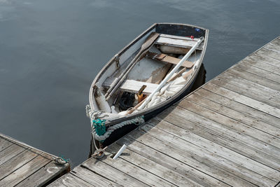 High angle view of boat moored in lake