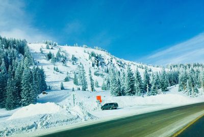 Snow covered road by trees against sky