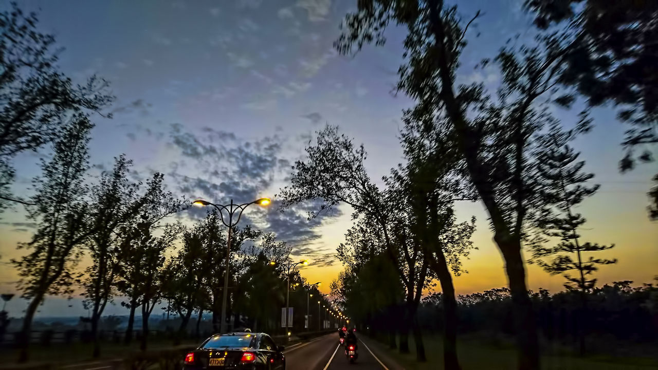 CARS ON ROAD BY TREES AGAINST SKY