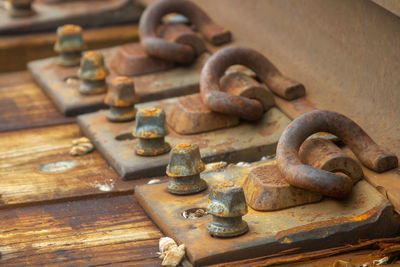 Close-up of rusty metal on wood