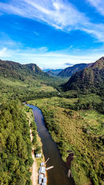 Scenic view of river amidst mountains against sky