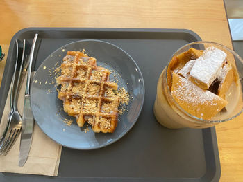 High angle view of food in plate on table