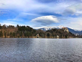 Scenic view of lake by trees against sky