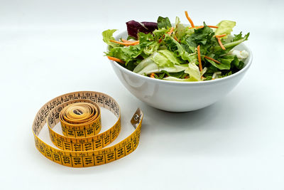 High angle view of salad in bowl on table
