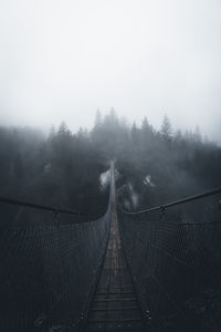 Footbridge and trees against sky during foggy weather