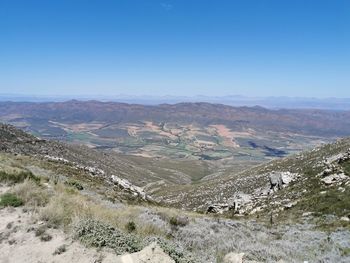 High angle view of landscape against clear blue sky