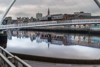 Bridge over river with city in background