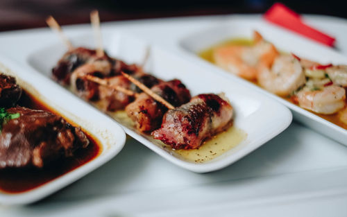 High angle view of food served on table