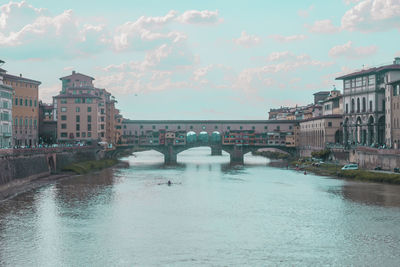 Bridge over river by buildings in city against sky