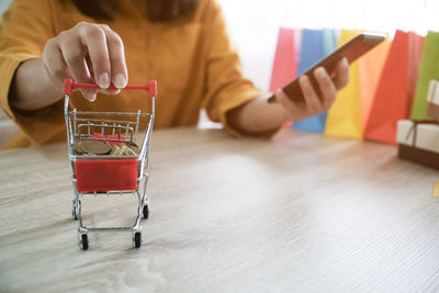 Midsection of woman using phone while holding cart