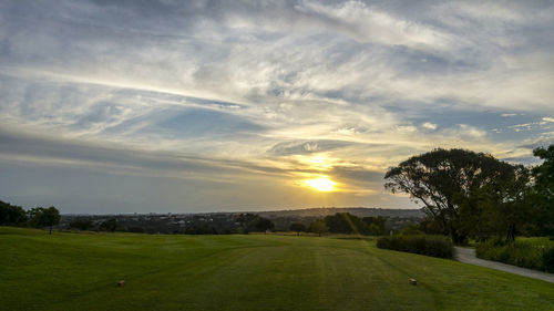 Scenic view of grassy field against sky at sunset