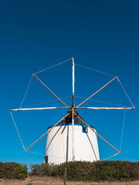 Low angle view of windmill on field against clear blue sky