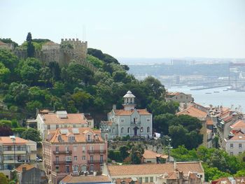 Houses in city against clear sky