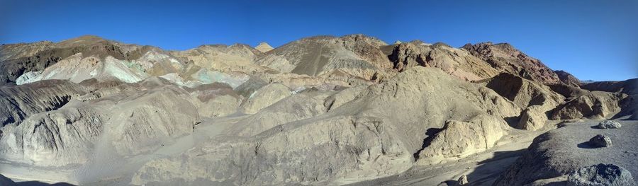 Panoramic view of rocky mountains against clear blue sky