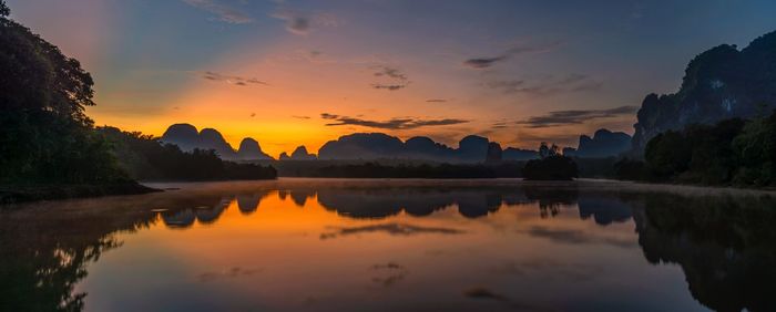 Scenic view of lake against sky during sunset