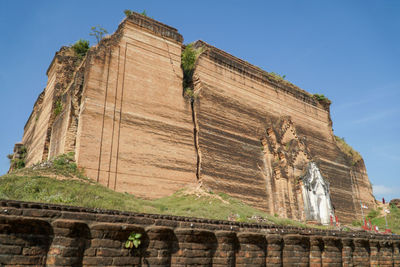 Low angle view of old temple against clear blue sky