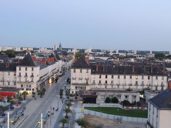 High angle view of buildings against sky