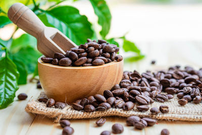 Close-up of coffee beans on table