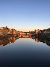 Reflection of buildings in river against clear blue sky