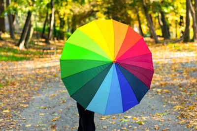 A girl holds a colorful umbrella while walking in the park.