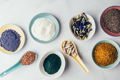 High angle view of various food on table