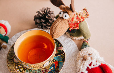 Reindeer and cup of tea christmas concept