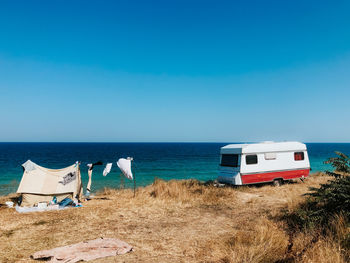 Scenic view of sea against clear blue sky