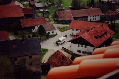 High angle view of houses in town