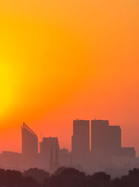 Silhouette of city against sky during sunset