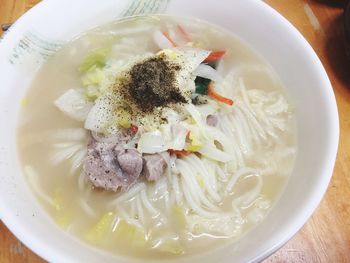 Close-up of noodle soup in bowl on table