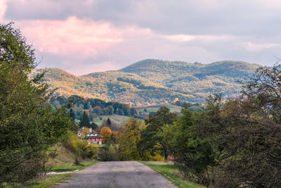 Road amidst trees and mountains against sky