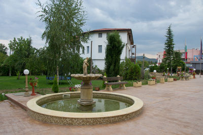 Fountain by trees in city against sky