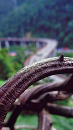 Close-up of rusty metal fence against blurred background