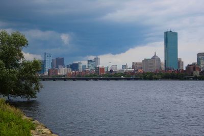 River by buildings against sky in city