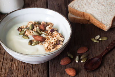 High angle view of breakfast in bowl on table