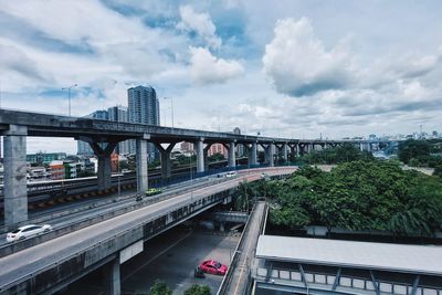 Train on bridge against sky