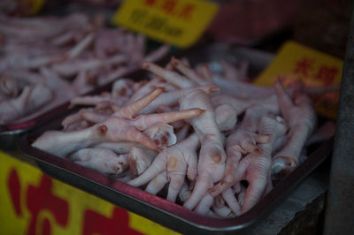 High angle view of seafood for sale in market