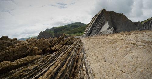 Panoramic view of rock formations on landscape against sky