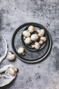 High angle view of eggs in bowl on table