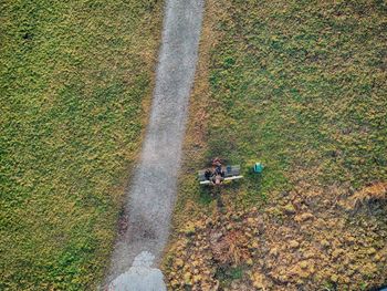 High angle view of people on field