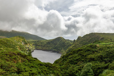 Scenic view of river amidst mountains against sky