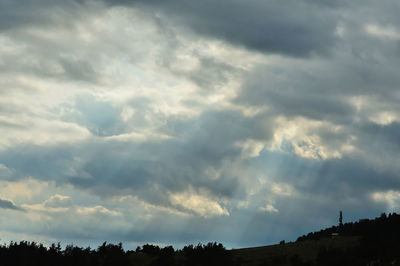 Low angle view of trees against cloudy sky