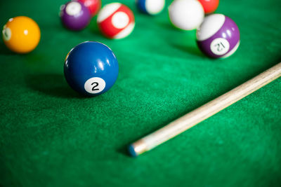 Close-up of pool balls on table