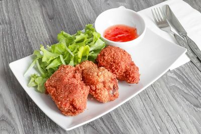 High angle view of food in plate on table