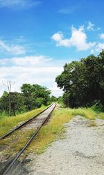 Railroad tracks by trees against sky