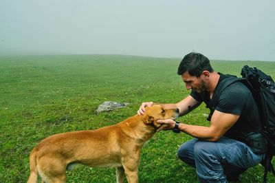 Side view of a dog sitting on field