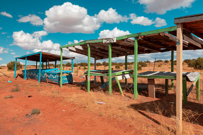 Abandoned built structure on field against sky