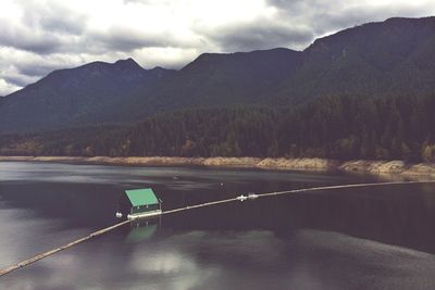 Floating cottage in lake