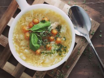 High angle view of soup in bowl on table