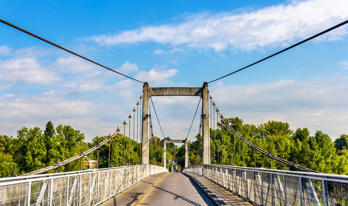 View of suspension bridge against cloudy sky